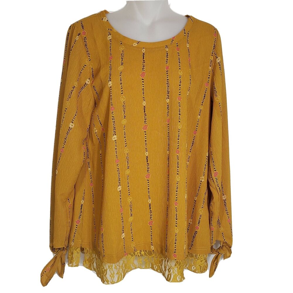 Jodifl Womens Tunic Top Small Yellow Long Sleeve Tie Cuff Lace Hem Floral Print